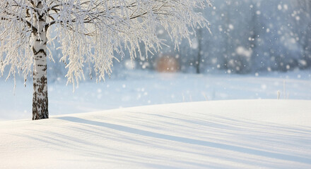 Winter landscape, snowy ground, tree with icy branches under snowfall, showcasing the serenity and tranquility of nature's beauty in a cold season