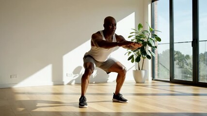African American man exercising, sunny home workout setting, indoors fitness routine with motivational energy