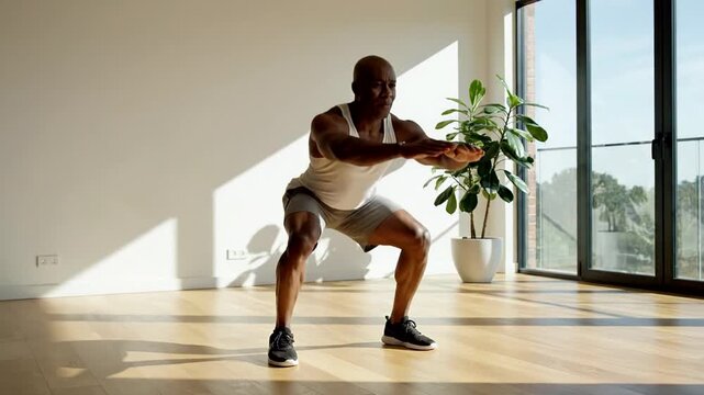 African American man exercising, sunny home workout setting, indoors fitness routine with motivational energy