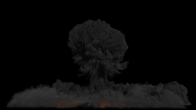 Nuclear explosion with mushroom cloud of smoke VFX element in 4K, Pro Res with track matte pass