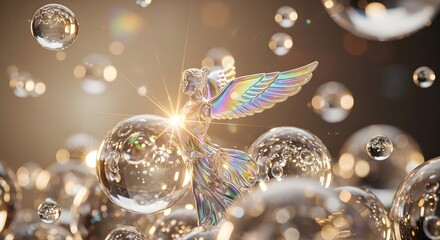 Iridescent Winged Fantasy Statue with Glowing Light and Floating Bubbles in a Luminous Dreamlike Scene
