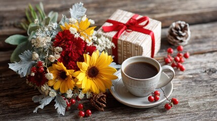A white coffee cup sits on a wooden table next to a bouquet of yellow flowers and a red box