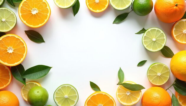 Bright fresh citrus fruits, sliced oranges, limes, lemons with green leaves frame white copy space. Colorful halves, whole fruit create vibrant summer food border design. Healthy juicy ingredients - Powered by Adobe