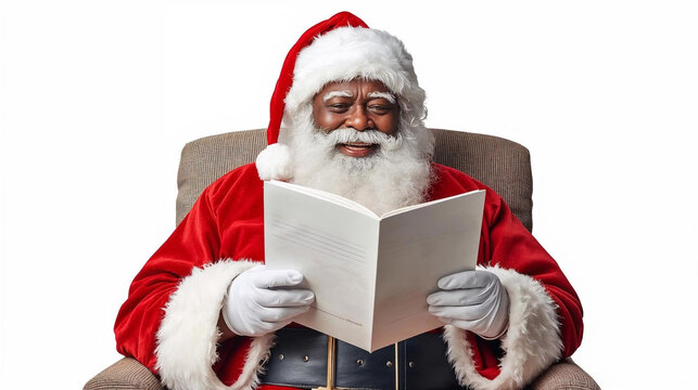 Black Santa Claus Sitting and Reading an Open Blank Book or Story on a White Background.