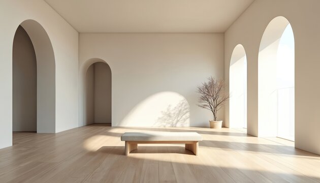 Spacious room with minimalist interior, arched windows. Sunlight creates soft shadows on wooden floor. Empty living area with modern bench, potted plant. Serene bright home apartment with clean walls - Powered by Adobe