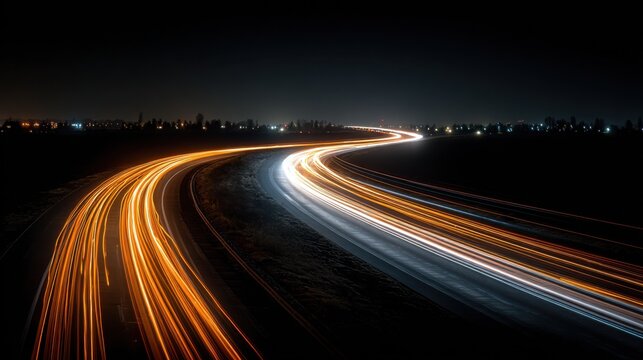 Light trails streak across the asphalt highway at night, illuminating the road ahead and symbolizing speed, progress, and financial growth