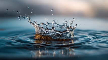 A droplet crashes into a still body of water creating a stunning splash that sends ripples outward. The scene captures the elegance of natural movement against a serene background.