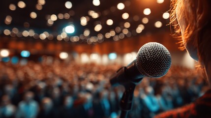 Speaker addresses large audience at business convention during afternoon presentation