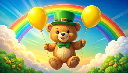 Obraz premium Adorable Teddy Bear in Green Top Hat Flying with Yellow Balloons Against a Rainbow Sky