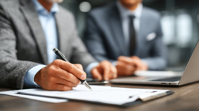 Business executives plan financial strategy in modern office, reviewing documents and consulting laptop for stock market investment, attorney present