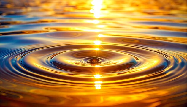 Water droplet creating elegant ripples on a smooth water surface reflecting golden light and blue hues.