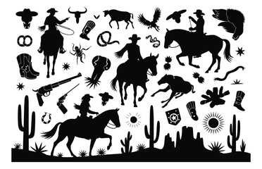 Wild west silhouette collection, cowboy cactu,s horse skull, and more