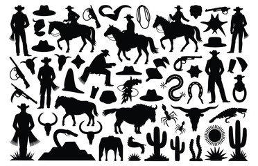 Wild west silhouette collection, cowboy cactu,s horse skull, and more