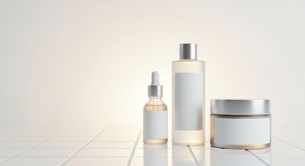 Minimalist skincare bottles and jars on white tile surface