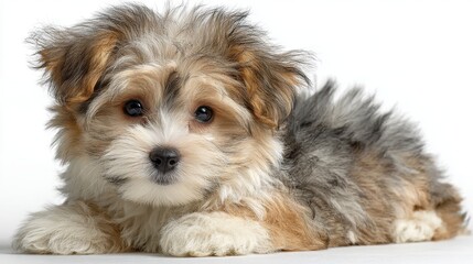 Cute puppy lies down on a white surface, fluffy, small, little, friendly, looking straight ahead with beautiful eyes, brown, black, and white fur