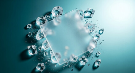 Square frosted glass surrounded by crystal ice cubes, creating a cool, refreshing, sparkling effect, ideal for representing purity, clarity, or refreshment