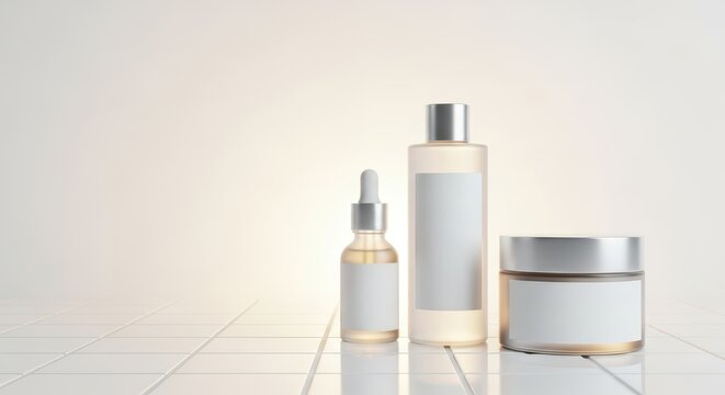 Minimalist skincare bottles and jars on white tile surface