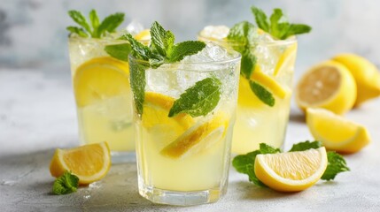 Fototapeta premium Three clear glasses filled with lemonade ice and fresh mint leaves stand on a surface. Lemon slices are arranged next to the glasses highlighting a vibrant summer drink.