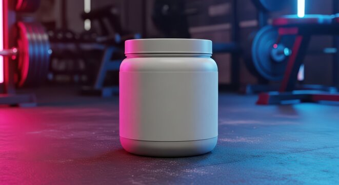 Protein supplement jar in modern gym setting with weightlifting equipment