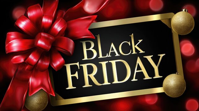Black Friday sale event, with luxury red ribbon bow and gold baubles, promoting big discounts and special offers on this festive shopping day. Background bokeh lights. - Powered by Adobe