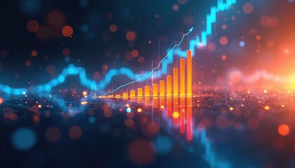 Bright stock chart shows rising business growth. Blue line with arrow indicates profit. Financial diagram shows positive market trend with glow effect, reflection and blurred dots.