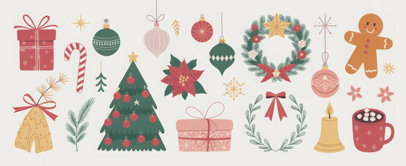 Collection of Christmas and New Year elements including a Christmas tree gift boxes and gingerbread man vector illustration for holiday designs