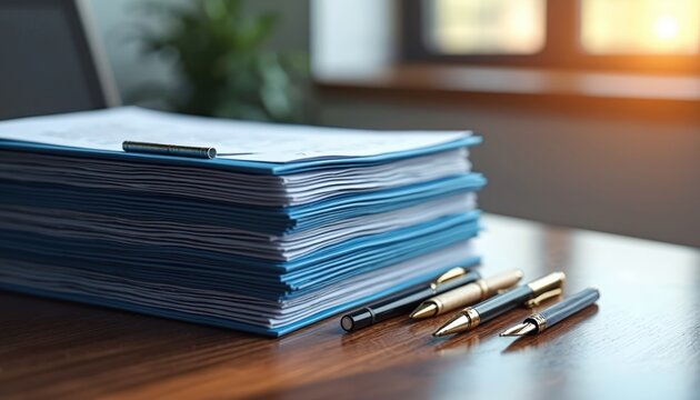Stack of paper documents with blue folders, pens. Legal paperwork is prepared for audit. Information is collected for inspection, quality compliance. Paperwork stack on desktop in office closeup.