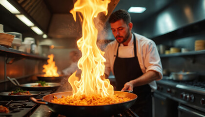 Male chef cooks food in restaurant kitchen. Large flame rises from pan as man prepares meal. Pro cook works with heat, gas stove during dinner service, creating hot dish. Culinary expert performs