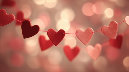 A string of hearts in various shades of red hangs against a softly blurred background. This cheerful decor adds warmth to a romantic or festive gathering atmosphere.