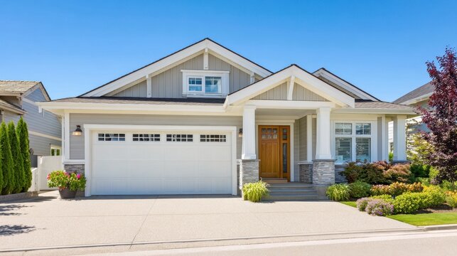 A large house with a white garage door and a brown front door. The house is surrounded by a lush green lawn and bushes