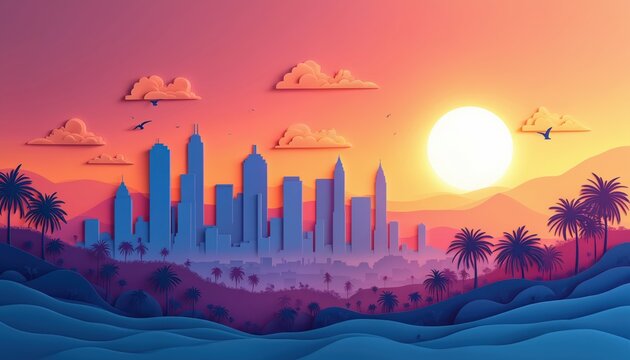Paper cut illustration shows Los Angeles skyline. Palm trees and mountains frame city buildings under a vibrant sunset sky with clouds. The sun shines brightly over the urban landscape.