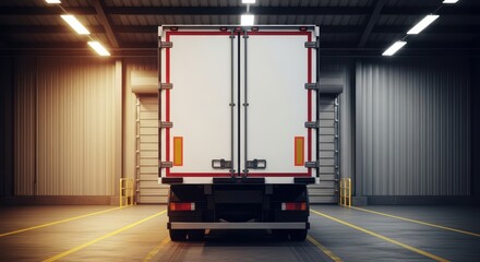 Rear view of cargo truck in industrial warehouse with closed loading doors