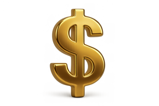Golden dollar sign symbol on a transparent background, depicting money, finance, investment, earnings, and prosperity