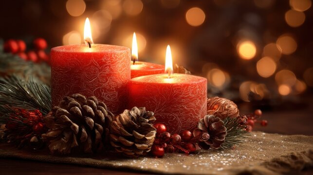 Three red candles illuminate a festive setting nestled among pinecones and green sprigs. The soft candlelight creates a warm atmosphere for a winter celebration.
