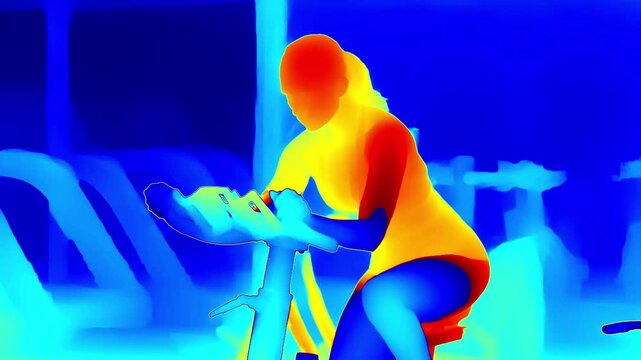 Thermal view of a woman on an indoor exercise bike. Heat zones on the body highlight cardiovascular exertion, captured with infrared imaging in a fitness environment.