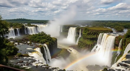 Iguazu Falls Scenic View with Rainbow Over Massive Waterfalls and Lush Rainforest
