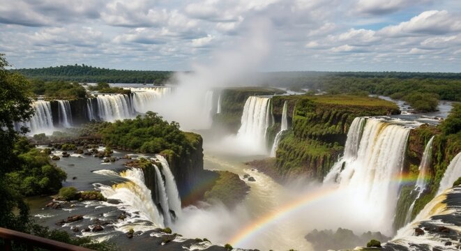 Iguazu Falls Scenic View with Rainbow Over Massive Waterfalls and Lush Rainforest

