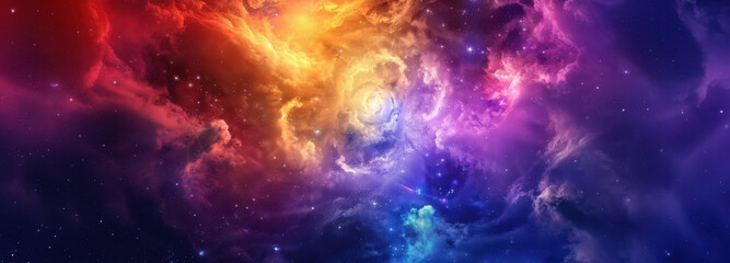 Obraz premium Celestial Symphony: A vibrant display of cosmic energy swirls across the canvas, showcasing a breathtaking explosion of color and light in the vast expanse of space.