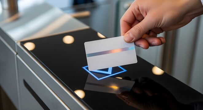 Hand Swiping Proximity Access Card on Security Turnstile