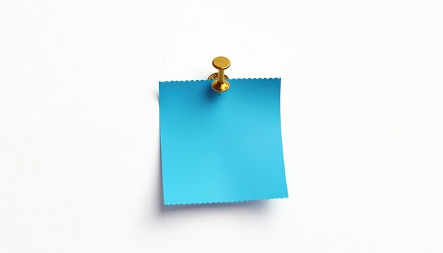 Blue note paper pinned with gold on white background. Writable surface for messages, reminders, and tasks. Simple and clean office stationery concept.
