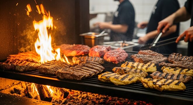 Culinary Craft: A vivid spectacle of grilling various cuts of meat over an open flame, the image evokes a sense of delicious anticipation and expert craftsmanship. 