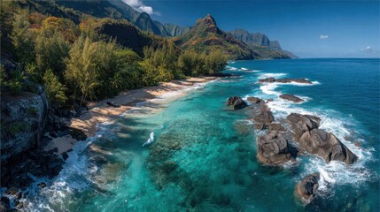 Scenic aerial view of dramatic Na Pali Coast beach with turquoise water and rugged cliffs in Kauai, Hawaii