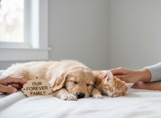 Peaceful Golden Retriever puppy and ginger kitten sleeping closely on a white blanket with an 'Our Forever Family' wooden sign and gentle human hands, soft natural light.