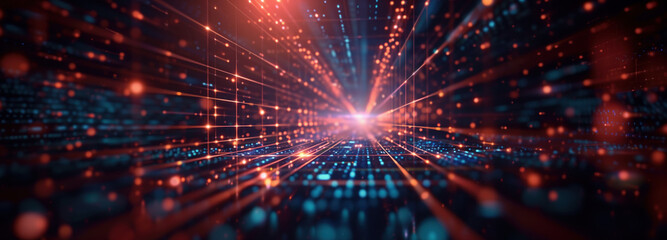 Digital Realm of Light: A vibrant display of interconnected light trails and luminous dots converge at a central point. Creating a dynamic and futuristic network, expressing concepts of data.