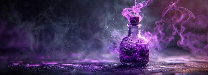 Mystical Potion: A mysterious, glowing purple potion simmers in a glass bottle, with vapors swirling around it. It suggests magic, transformation and allure. 
