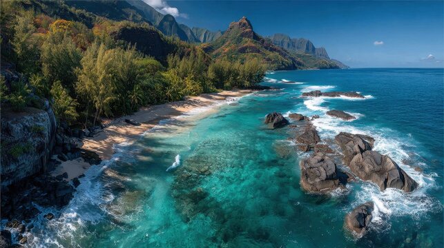 Scenic aerial view of dramatic Na Pali Coast beach with turquoise water and rugged cliffs in Kauai, Hawaii