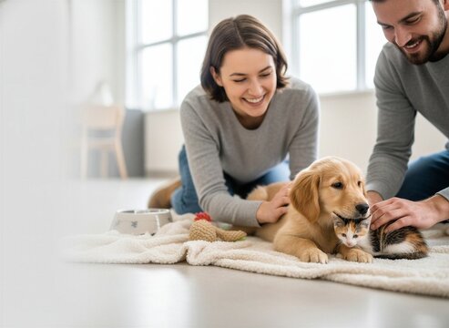 Happy young couple petting a golden retriever puppy and a calico kitten on a fluffy white blanket in a bright modern home.