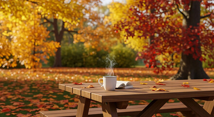 Enjoying a warm coffee and book on a crisp autumn day in a park filled with stunning colorful foliage, perfect for cozy fall vibes and seasonal promotions