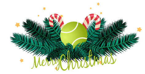 Festive Christmas tennis illustration featuring holly, candles, bells, evergreen branches, and warm seasonal details. Ideal for cards, banners, labels, and holiday sport designs.