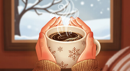 Cozy winter warmth with a steaming mug of coffee, perfect for holiday promotions, seasonal greetings, and comforting moments, evoking a sense of peace and festive cheer